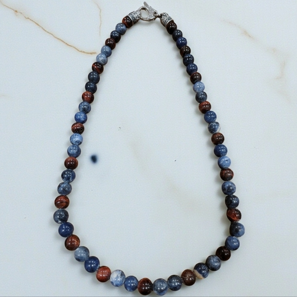 Sodalite and Tiger's Eye Skull and Bones Clasp  Necklace 10.5 mm Beads